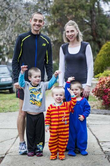 Australian Olympic marathon runner Marty Dent with his family, Kathie and three boys, Elye, Connor, and Hayden, before heading out on a morning run. Photo: Rohan Thomson