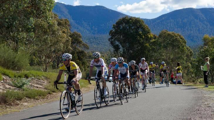Competitors race in the 153km under-23 men's road race. Photo: Katherine Griffiths