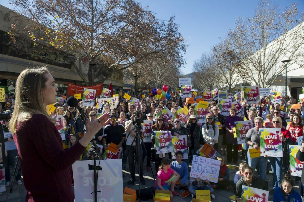 Canberrans turn out in large numbers to show their support for the love in canberra rally for marriage equality. Photo: Jay Cronan
