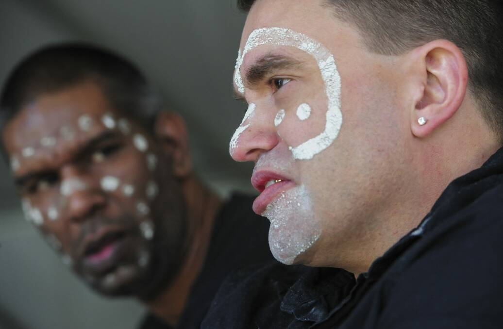 Former ice users Micah Hill, left, and Matthew Wilson, both of Canberra, at the Aboriginal health service's forum on Tuesday. Photo: Graham Tidy.