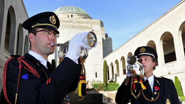 Buglers from Belgium, Jan Callemein and Filip Top, will play the Last Post at the Australian War Memorial, Canberra. Photo: Melissa Adams