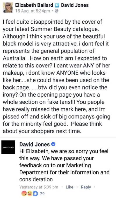 The post on the David Jones Facebook page which has angered fans of the brand. Photo: Facebook/@davidjonesstore
