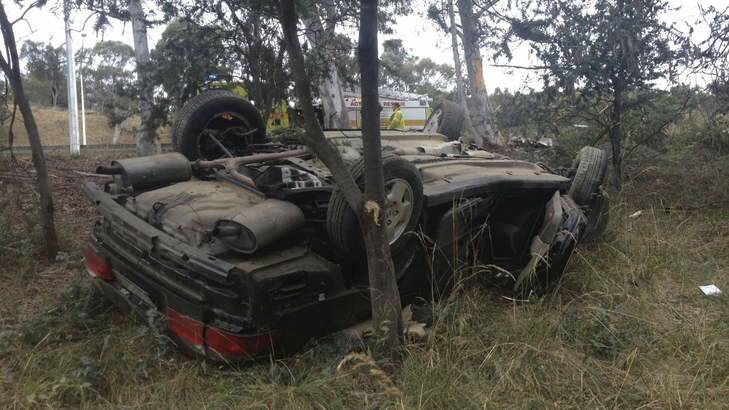 The scene of the car rollover on Parkes Way. Photo: ACT Policing
