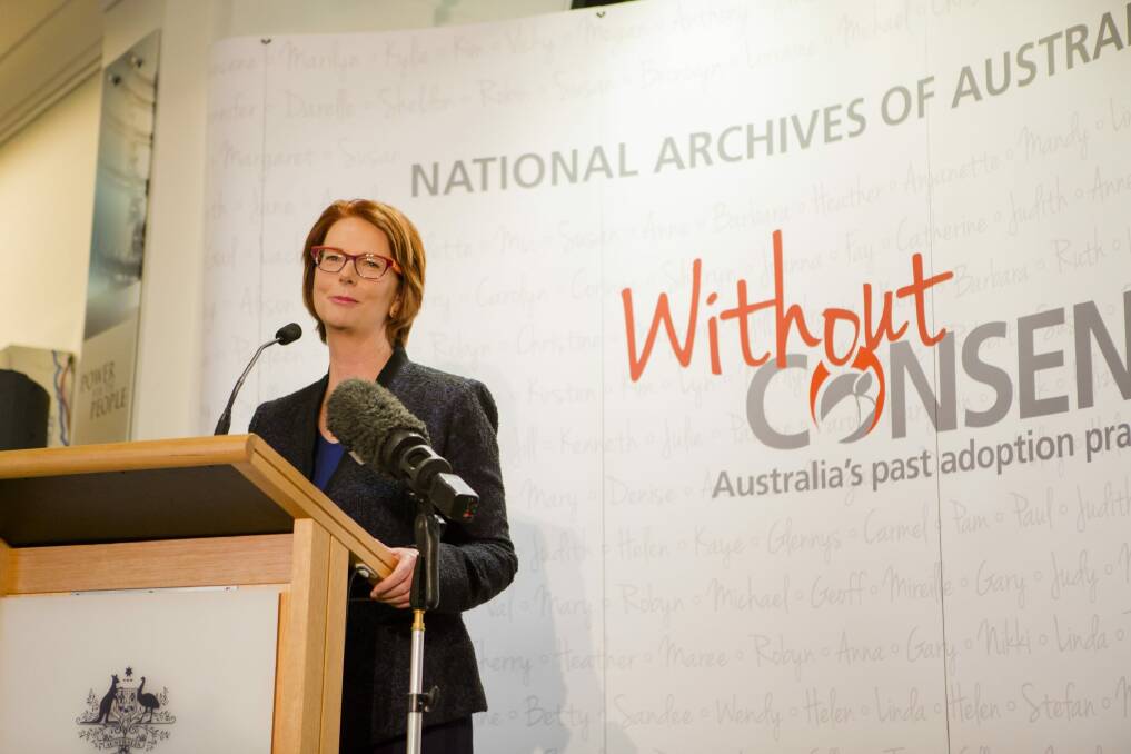 Former Prime Minister Julia Gillard speaks at the opening of Without Consent: Australia's adoption processes, at the National Archives. Photo: Jamila Toderas