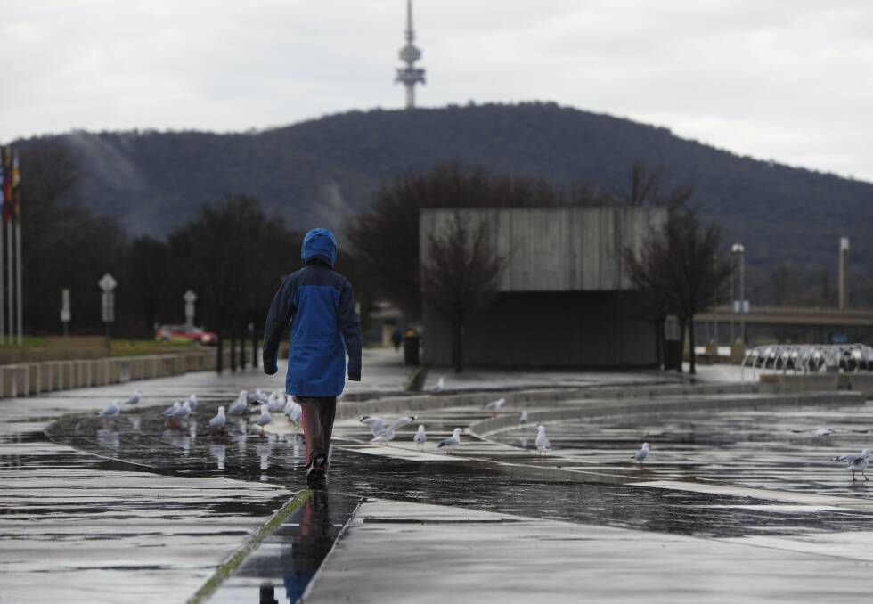 Wet weather on the shores of Lake Burley Griffin at Commonwealth Place. Photo: Graham Tidy