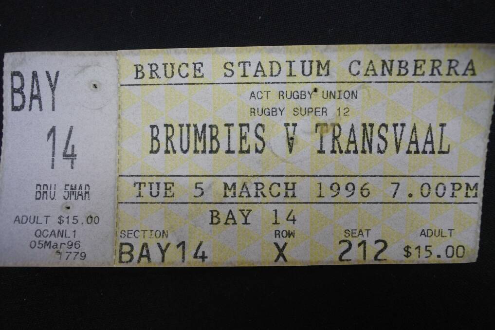 A ticket from the ACT Brumbies' first competition match against Transvaal in 1996.