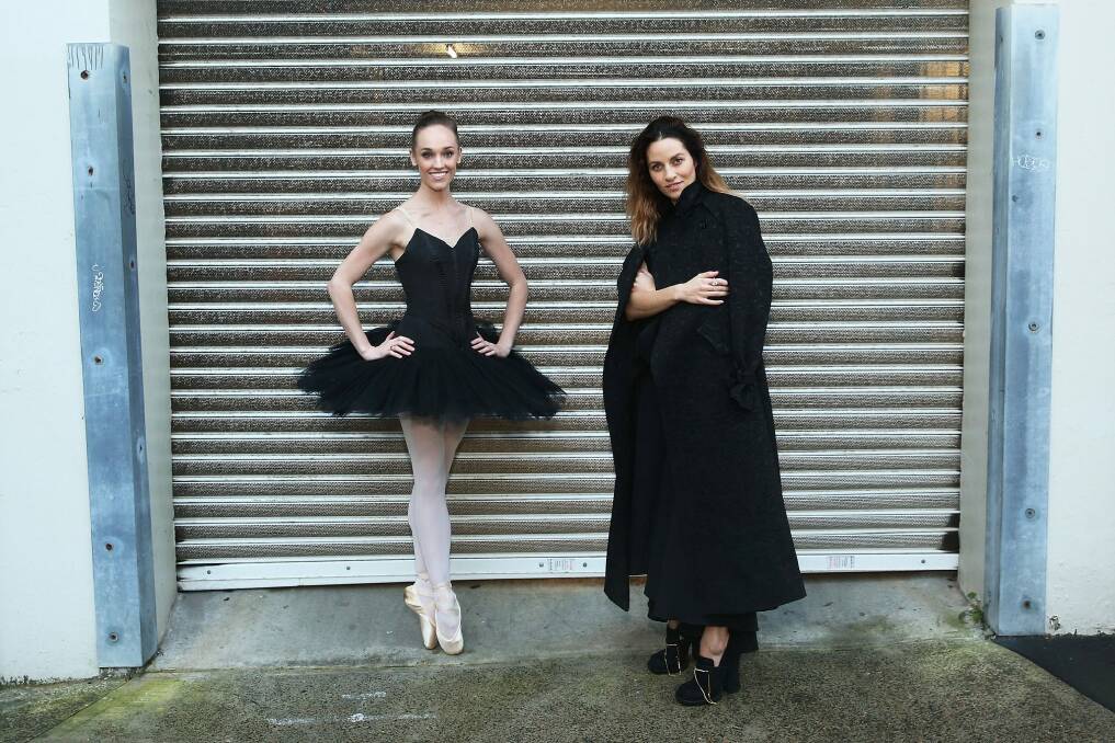 Kym Ellery and Australian Ballet dancer Brooke Lockett warm up for opening night of Fashion Week Australia. Photo: Brendon Thorne