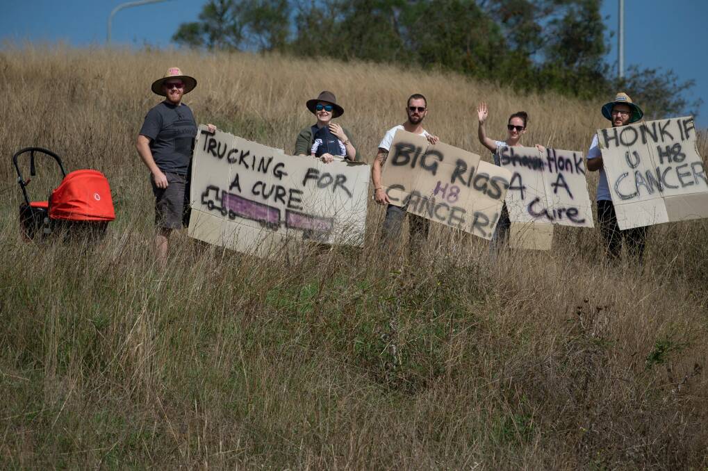 Supporting the 2017 Convoy for Cancer are: from left, Patrick, Jess and four-week-old Fred Spencer from Kambah, Luke Liddell from Kambah, Gabby Weidner and Chris Karas from Gowrie. Photo: Sitthixay Ditthavong