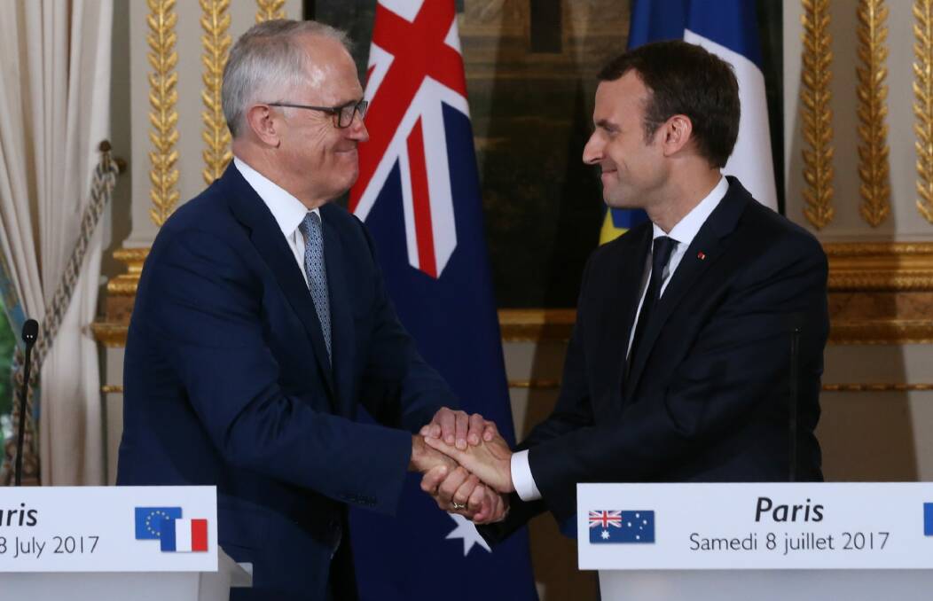 Malcolm Turnbull with French President Emmanuel Macron at the Elysee Palace in Paris on Saturday. Photo: Andrew Meares
