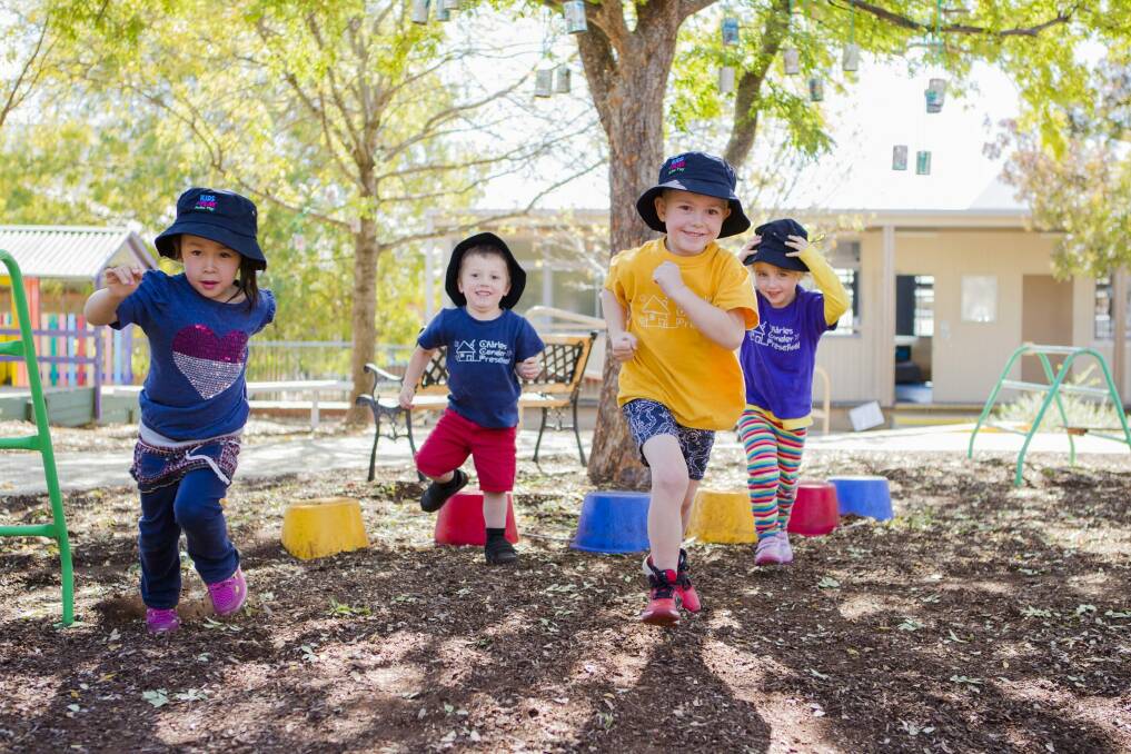 Charles Conder Preschool pupils (from left) Mia White, Isaac Siminis, Eli Shaw, and Maggie Mullumby enjoy the Kids at Play program. 

The Canberra Times

Photo Jamila Toderas Photo: Jamila Toderas