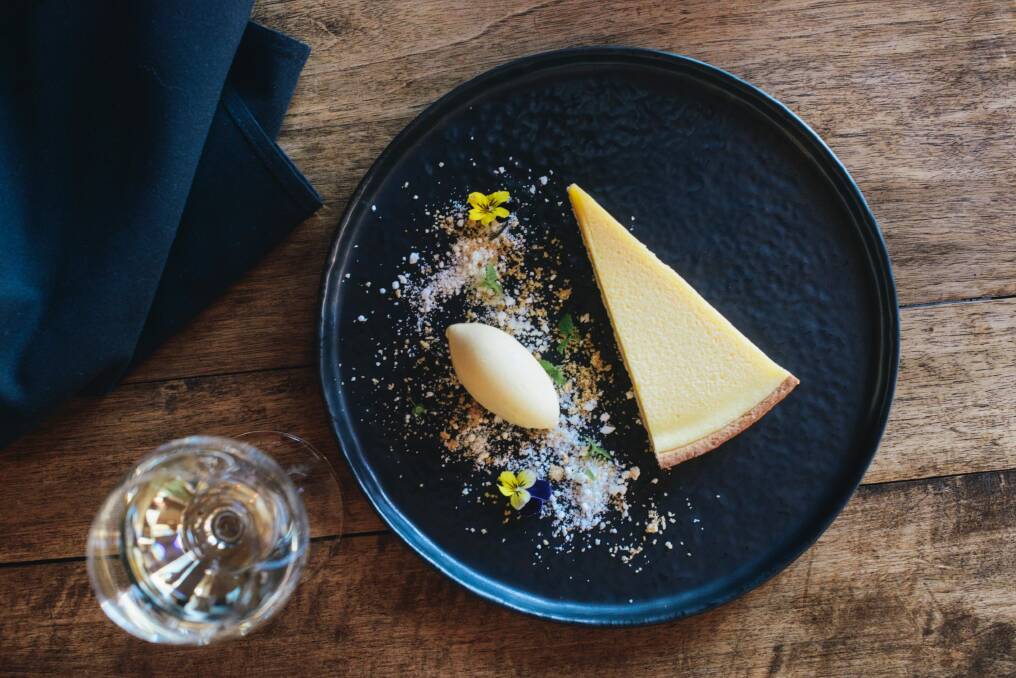 Lemon and buttermilk tart with cornmeal crust and lemon sorbet at Pialligo Estate Farmhouse. Photo: Rohan Thomson