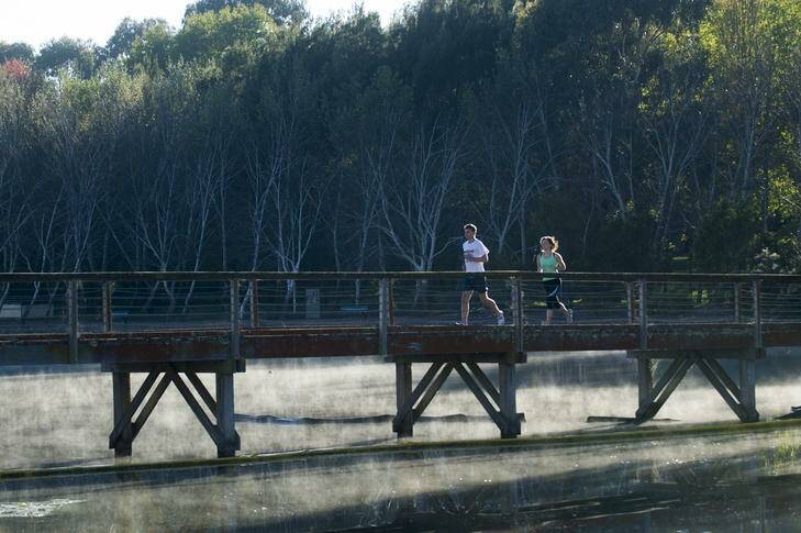 Parkrun volunteer organisers Russ and Jessica Jefferys jogging by Lake Ginninderra. Photo: Rohan Thomson