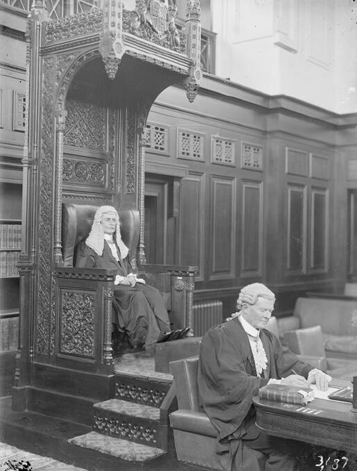 Hon Sir Littleton Groom presiding as Speaker, with the Clerk of the House. Photo: House of Representatives