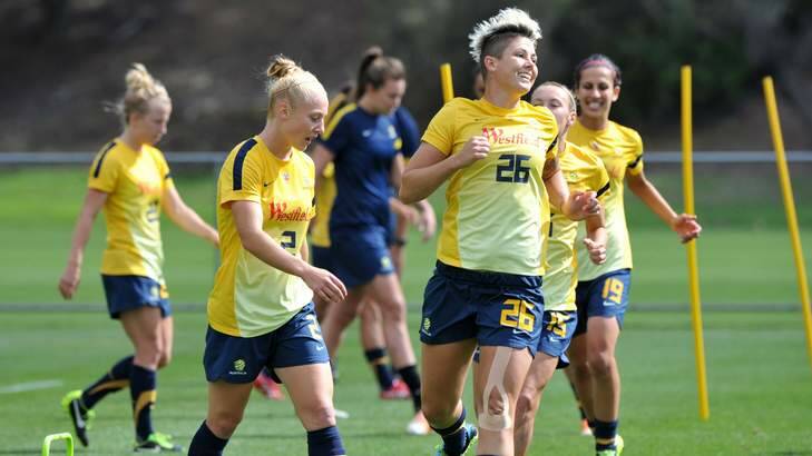 Canberra United striker, Michelle Heyman trains with the Matildas squad at the AIS on Saturday. Photo: Graham Tidy