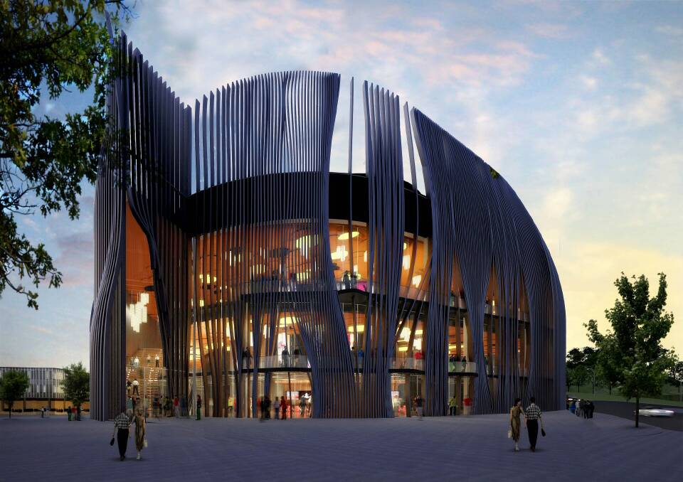 An artist's impression of what a new 2000-seat theatre for Canberra could look like, by Williams Ross Architects and Farzin Lofti-Jam. The project is still in its very early stages but Labor will continue with it if re-elected.