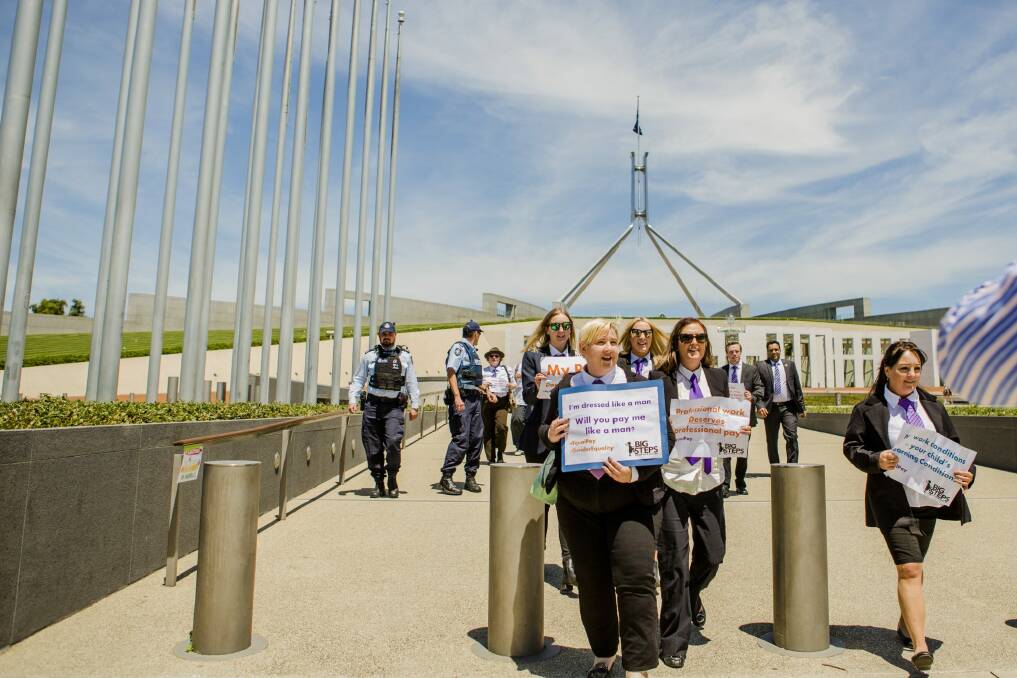 Protesters outside Parliament House on Monday. Photo: Jamila Toderas