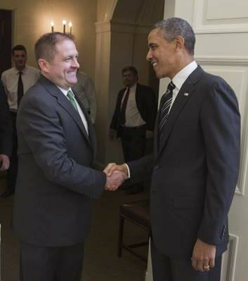 Daniel Sweetapple, of Higgins, currently working with the ABC in Washington DC, meets US President Barack Obama upon receiving a White House award for his video photography and editing of the 2012 Foreign Correspondent episode of 'Meet the Frackers'.