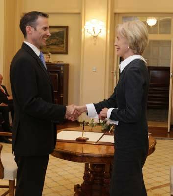 Rewarded ... MP Andrew Leigh during the swearing-in ceremony at Government House with Governor-General Quentin Bryce. Photo: Alex Ellinghausen