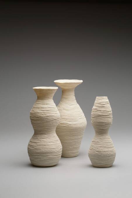 Julie Pennington's elegantly cool porcelain vessels - including <i>Vessels I, II and IV</I>, 2017 - can be seen at Form.