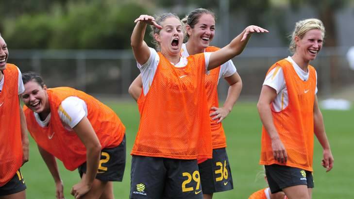Canberra United Captain Ellie Brush shares a lighthearted moment with the Matildas squad. Photo: Jay Cronan