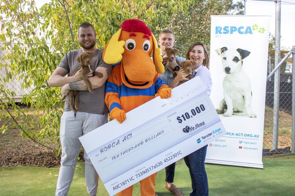 Mooseheads security guards Liam and Corey- and Mr Moose! - hand over $10,000 from the calendar sales to RSPCA ACT chief executive Michelle Robertson.  Photo: Supplied