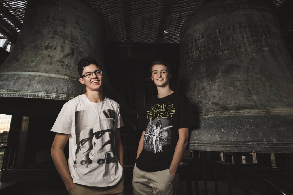 Teenage carillonists Harrison Whalan, 16 (left), and Peter Bray, 18 (right) are playing an hour-long Star Wars concert on the the National Carillon on Friday. Photo: Jamila Toderas