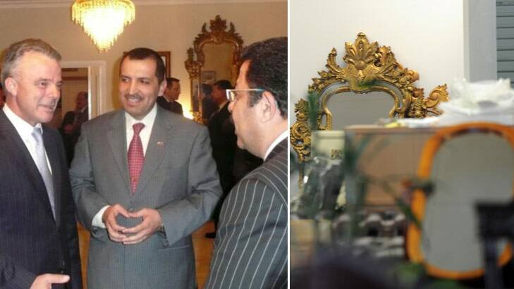 Photo from the Syrian embassy website on the left shows Brendan Nelson, then opposition leader, at the embassy, with a mirror in the background. An identical mirror can be seen in the Phillip shop, right. <i>Right</i> Photo: Melissa Adams