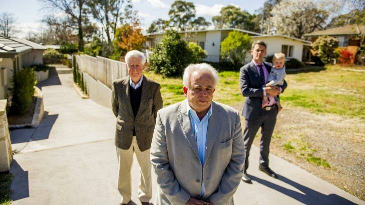 Not happy: Maurice Deveze, David Templeman and Stephen Gaffey with his son Jim are unhappy with the ACTPLA about the townhouses to be  built in Red Hill. Photo: Jay Cronan