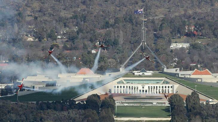 SKY'S THE LIMIT: the RAAF Roulettes perform above Canberra. Photo: Andrew Taylor