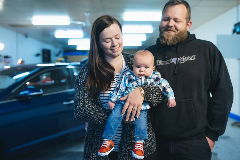 Michael Taylor and Alanah Mayberry with their 14-week-old son Nate who had open heart surgery in the days after birth due to a rare heart condition. They are holding a fundraiser at their workshop in September to raise money for HeartKids. 
 Photo: Rohan Thomson