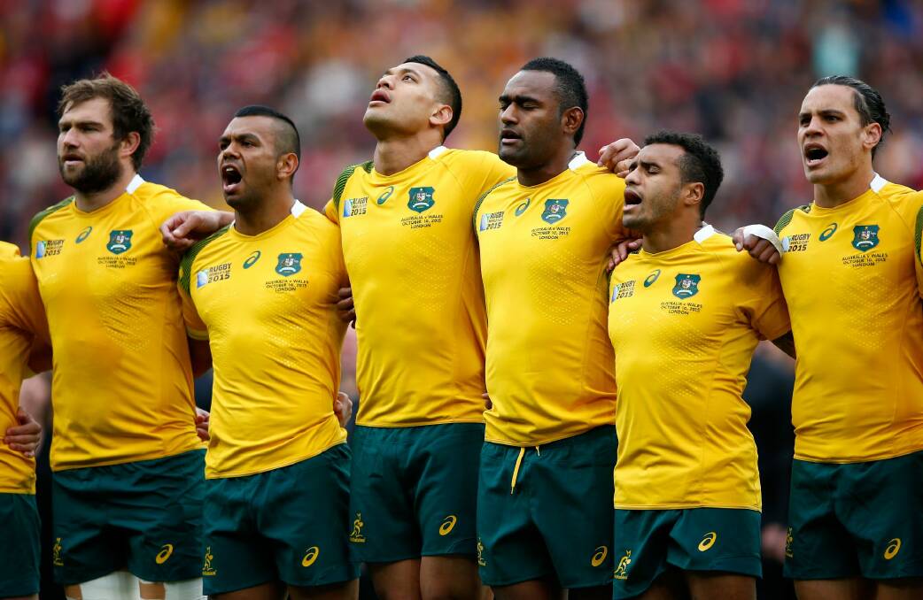 The Wallabies sing the national anthem at Twickenham at the weekend. Photo: Getty Images