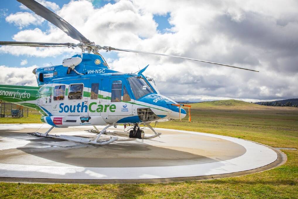 The Snowy Hydro Southcare helicopter at its base in Hume. The service conducted 457 missions last financial year.  Photo: Supplied