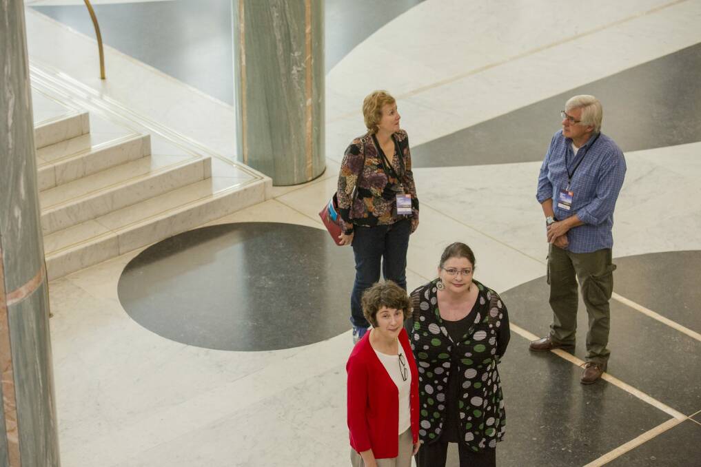 Department of Parliamentary Services heritage expert Robyn Stewart, front at right, will lead new tours of Parliament House. With her are, from left, Ilse Wurst and visitors Heather Belton and David Hurford. Photo: Jamila Toderas