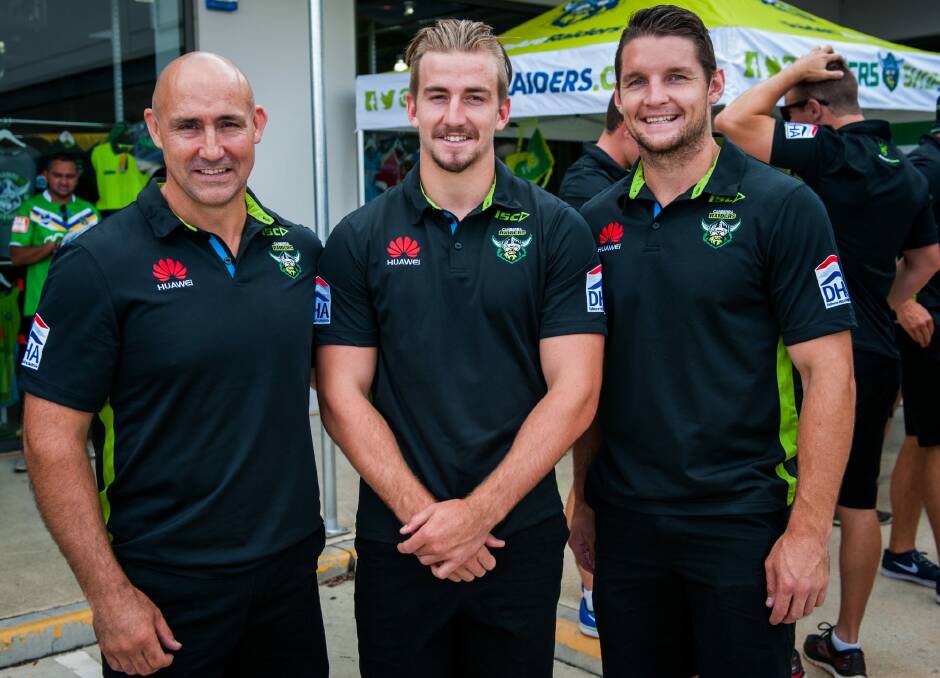 Raiders legend Jason Croker, left, with his nephew Lachlan Croker and captain Jarrod Croker (no relation). All three will play for the Raiders at the Auckland Nines. Photo: Elesa Kurtz