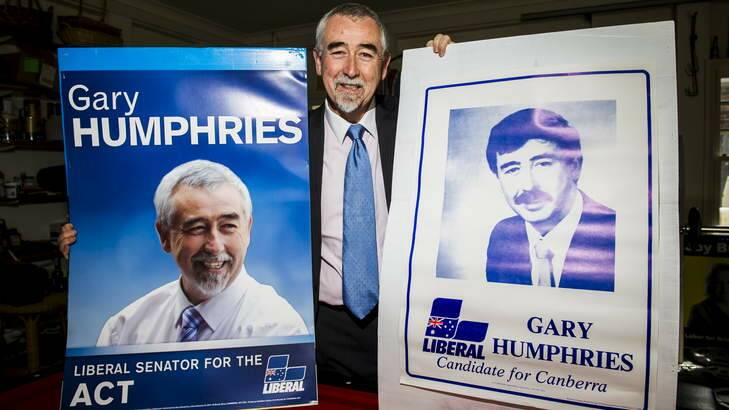 Garry Humphries at home shows his first and most recent election signs. Photo: Rohan Thomson