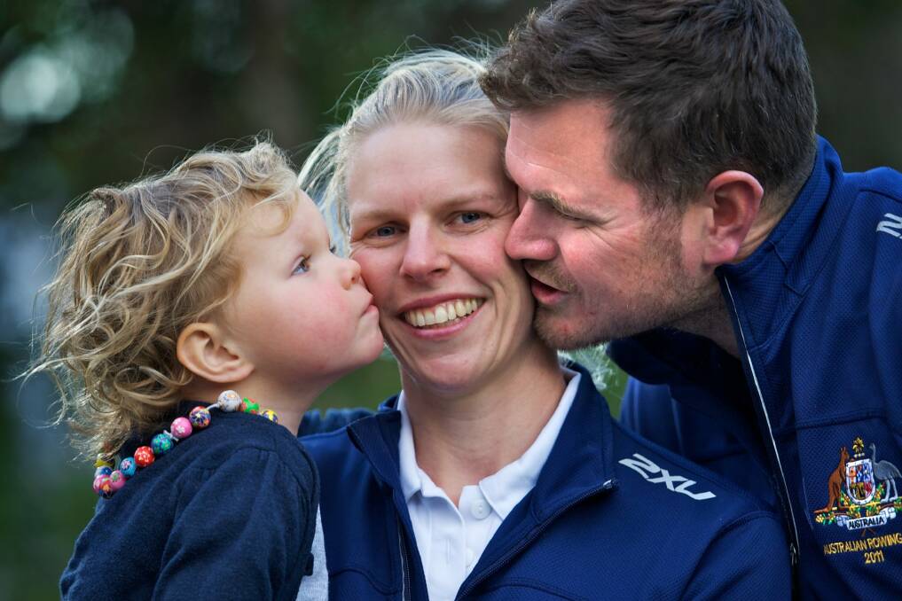 Sarah Tait in 2012 with husband Bill and daughter Leila. Photo: Craig Sillitoe