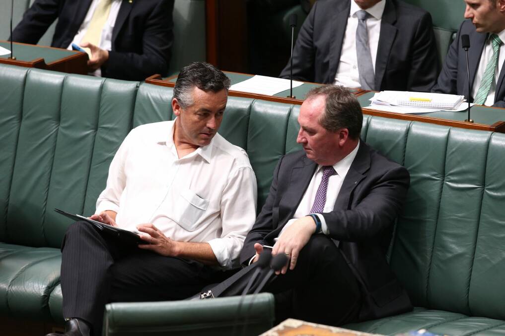 Darren Chester, the new Minister for Infrastructure and Transport, with now Deputy Prime Minister Barnaby Joyce. Photo: Andrew Meares