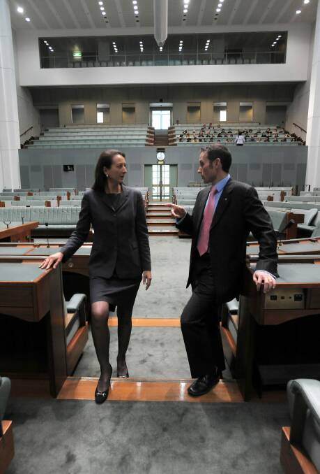 Room for one more: Gai Brodtmann and Andrew Leigh at Parliament House.  Photo: Graham Tidy