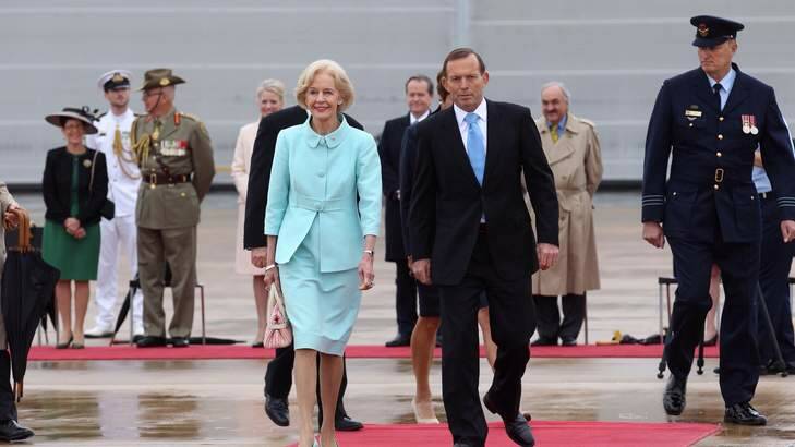 Outgoing Governor-General Dame Quentin Bryce (Mother-in-Law to Opposition Leader Bill Shorten) and her husband Michael attend a ceremonial farewell with Prime Minister Tony Abbott at RAAF Fairbairn in Canberra. Photo: Andrew Meares