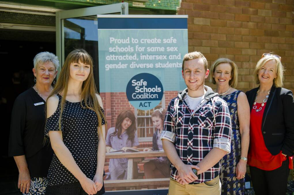 (Back) Principal Colleen Matheson, education and training directorate ACT director general Diane Joseph and Foundation for Young Australians chief executive Jan Owen with (front) students Jett Byrne-Simic, 17, and Alex Sanderson, 16, at the launch of the Safe Schools Coalition ACT at Lyneham High School. Photo: Jamila Toderas