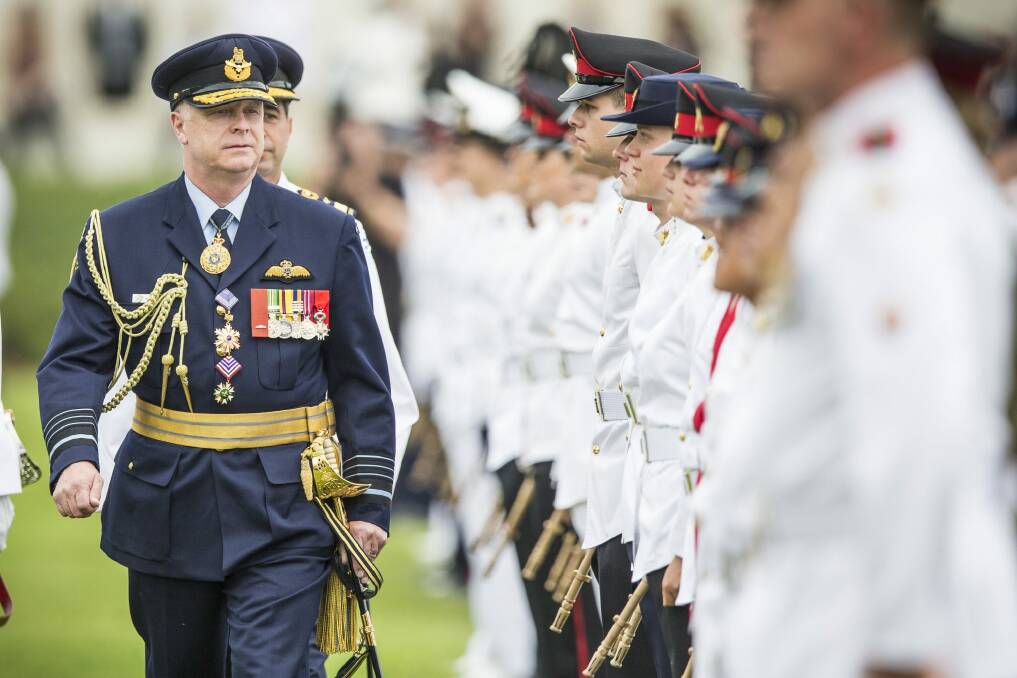Chief of the Defence Force, Air Chief Marshal Mark Binskin inspects the parade at the Australian Defence Force Academy year one officer cadets and midshipmen parade.  Photo: Matt Bedford