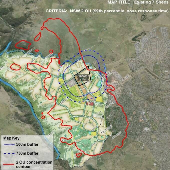 The Parkwood map of how far odour from the egg farm will exceed a NSW guideline across the new West Belconnen suburb.