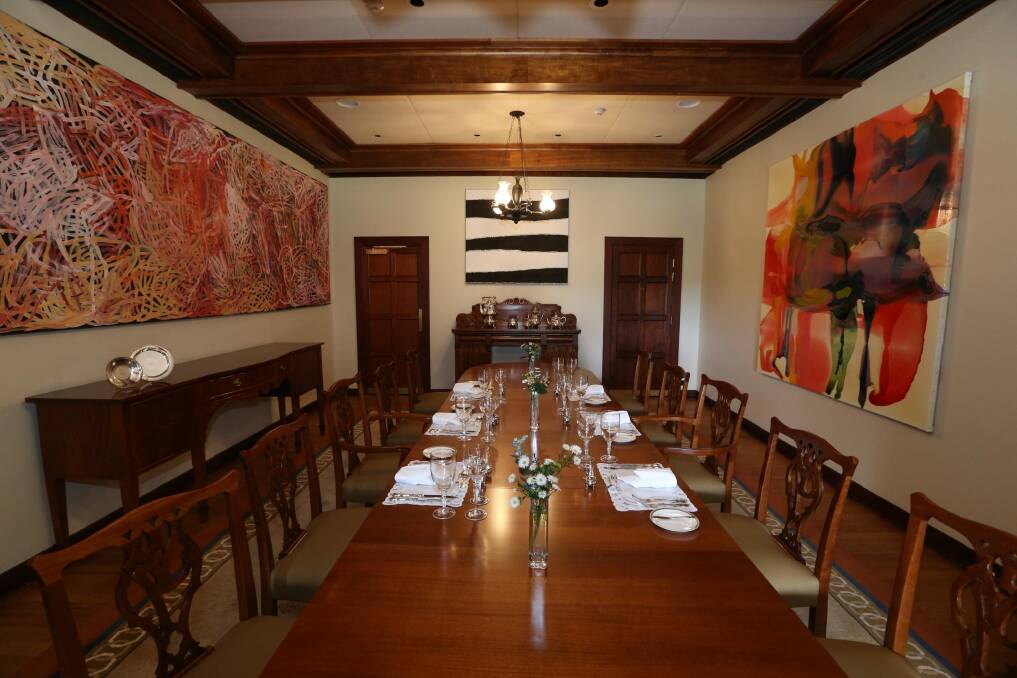 Some of the artworks in the dining room at The Lodge, including Emily Kame Kngwarreye's, <i>Yam awely</i>, (left). Photo: Andrew Meares