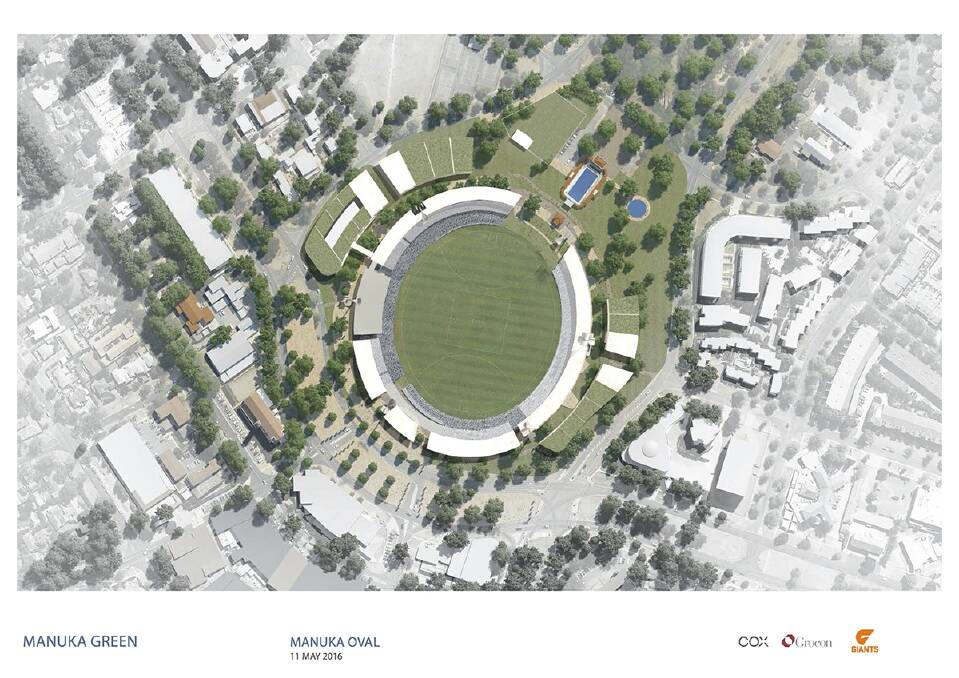 Revised: The new plan shows the two semi-circles of grass-topped high-rises no longer encroaching on to the Manuka Pool grounds. Photo: Supplied