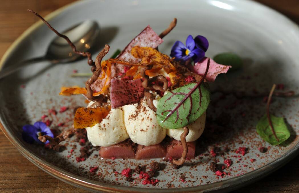 White chocolate mousse with sweet potato crisp and rhubarb at Les Bistronomes.  Photo: Graham Tidy, Fairfax Media