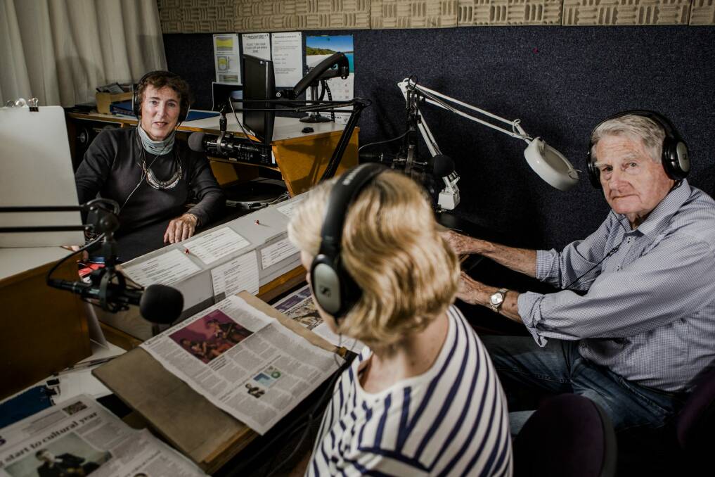 Print handicapped radio station, Radio 1RPH, was to lose a quarter of its funding in the transition to the NDIS. 
From left, Lorraine Litster, Sandra Purser and Bryan Daniell. Photo: Jamila Toderas