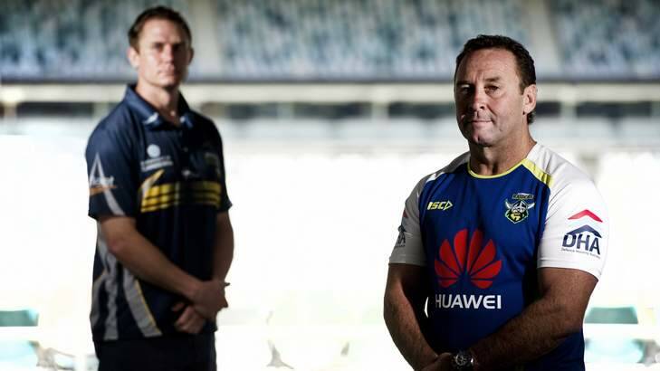 Brumbies coach Stephen Larkham and Canberra Raiders coach Ricky Stuart. Photo: Jay Cronan