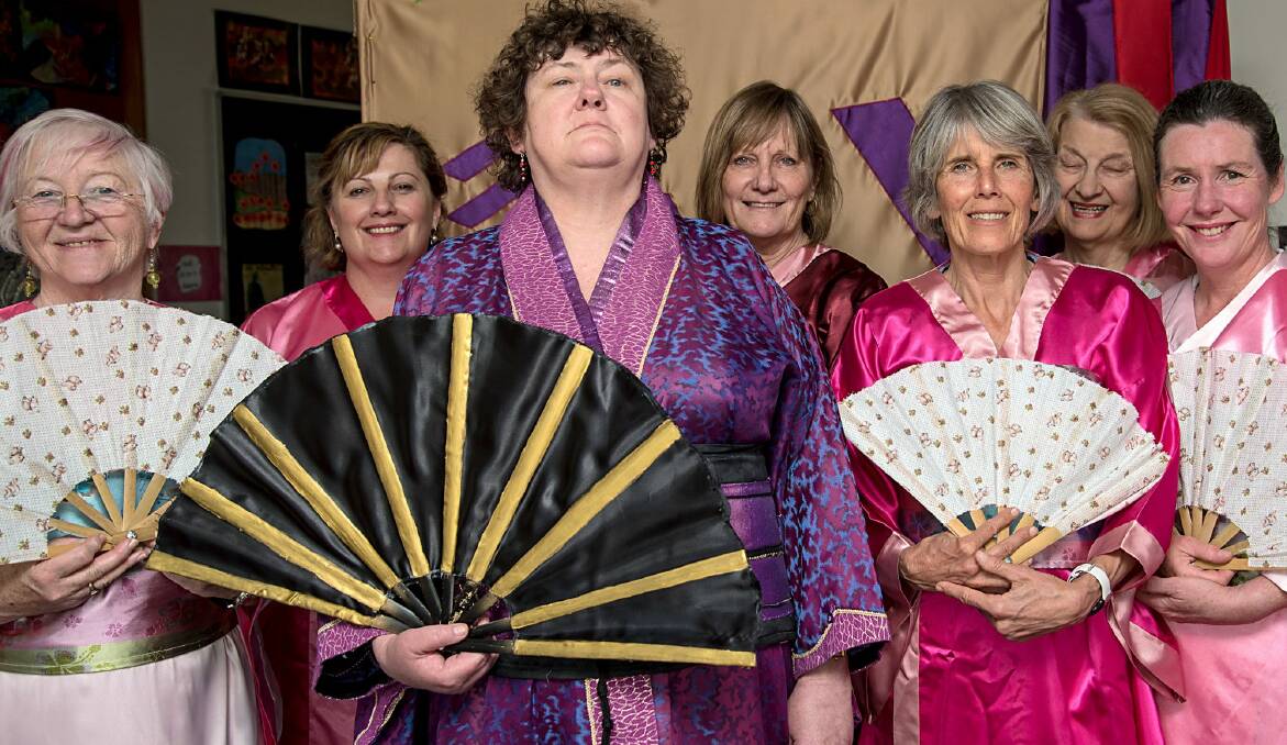 The Mikado (Queanbeyan Players): The ladies of Titipu: from left, Doreen Robinson, Amanda Stewart, Janene Broere (Katisha), Pip Russell-Brown, Karinne Fisher, Jenny Grierson and Mary Dietz-Mullamphy.  Photo: Bec Doyle Photography