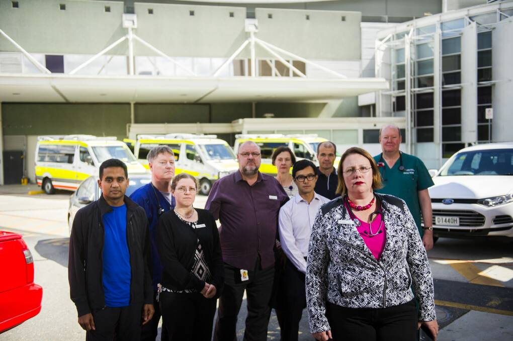 Bronwyn Avard (front) and the other Canberra Hospital staff who are taking strike action. Photo: Rohan Thomson