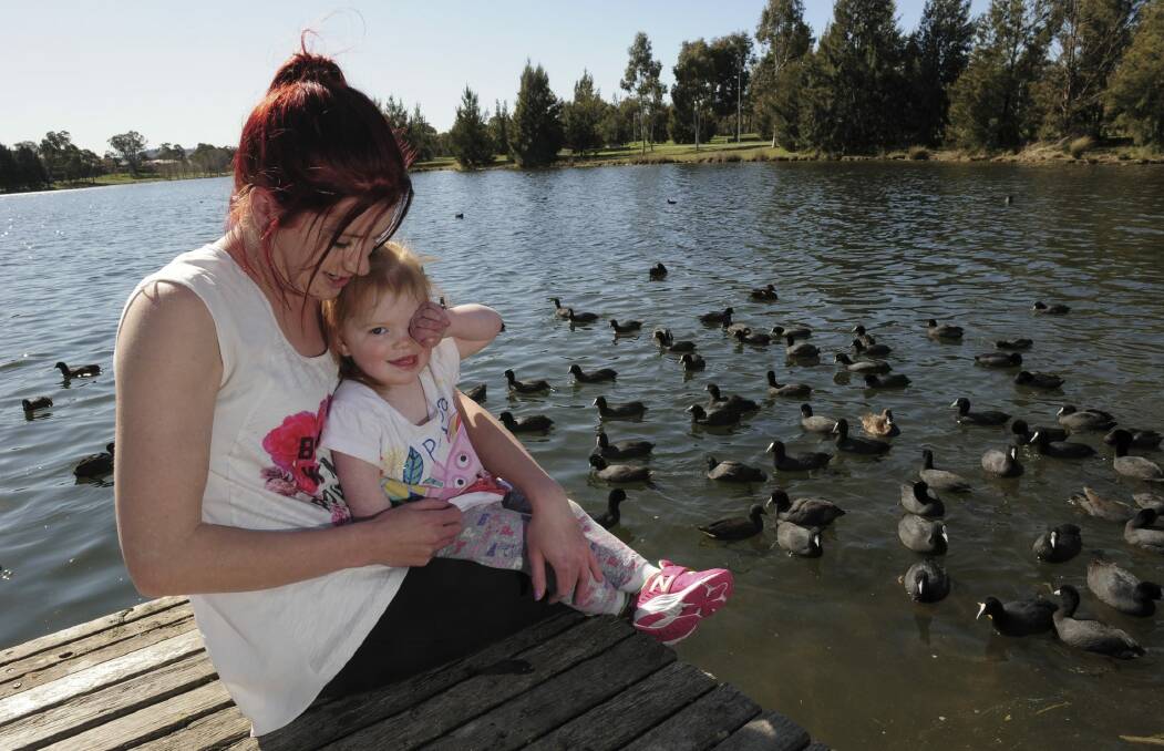 Jessie Graham and daughter, Sienna Shepherd, 2, feed the ducks at Yerrabi Pond. Photo: Graham Tidy